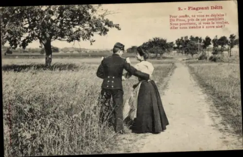 Ak Frlagrant Délit, Soldat flirtet mit Dame am Wegesrand