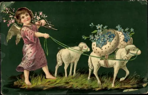 Glitzer Präge Ak Frohe Ostern, Engel mit Lämmern, Ostereier