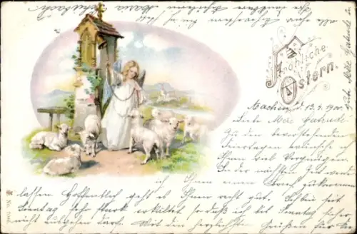 Litho Fröhliche Ostern, Engel mit Lämmern