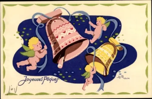 Künstler Ak Roux, Jo., Frohe Ostern, Engel läuten Glocken