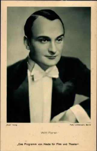 Ak Schauspieler Willi Forst, Portrait mit weißer Fliege, Ross