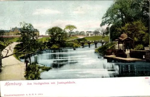 Ak Hamburg Mitte Altstadt,  Stadtgraben, Justizgebäude, schöne Grünanlagen