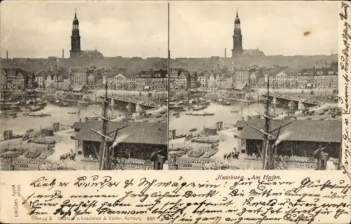 Stereo Ak Hamburg Mitte Altstadt, Partie am Hafen, Vogelschau, Schiffe, Hauptkirche St. Michaelis