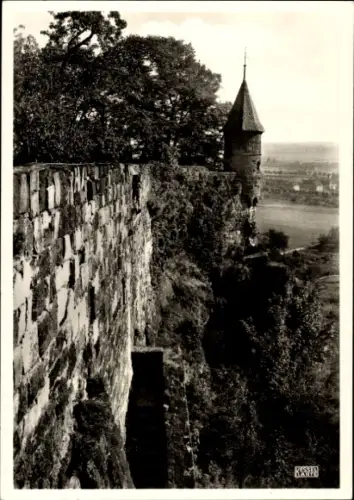 Ak Siegburg an der Sieg, Blick auf die Mauer, Turm der Benediktinerabtei, Landschaft im Hintergru