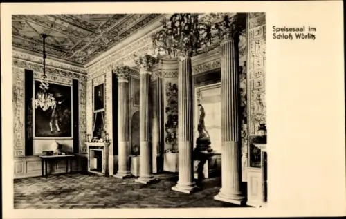 Ak Wörlitz in Anhalt, Wörlitzer Park, Speisesaal, Schloß Wörlitz, Säulen, Gemälde, Statue