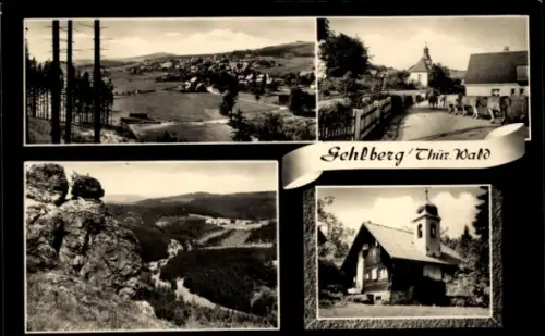Ak Gehlberg Suhl in Thüringen,  Landschaft, Kirche, Kühe, Felsen