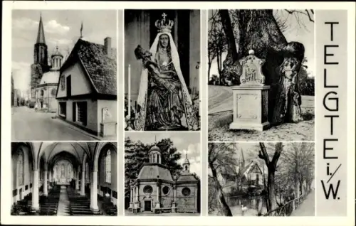 Ak Telgte in Westfalen, Verschiedene Ansichten von  Statue, Kirche, Bäume,  Gebäude