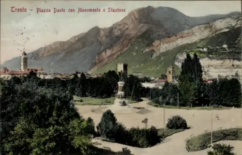 Ak Trento Trient Südtirol, Piazza Dante, Monument, Stazione, Berge im Hintergrund