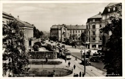 Ak Oslo Norwegen,  Drammensveien, Straßenbahn,  Gebäude