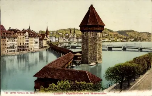 Ak Luzern Stadt Schweiz, Kapellbrücke und Wasserturm
