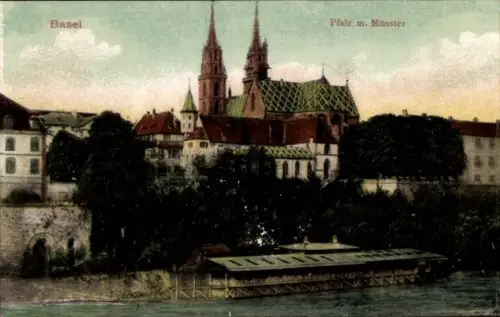 Ak Basel Stadt Schweiz,  Pfalz m. Münster, zwei Türme, grüne Dächer, Fluss im Vordergrund