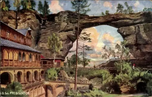Ak Hřensko Herrnskretschen Elbe Region Aussig, Prebischtor, Pravčická brána, Felsenbogen, Holzgeb