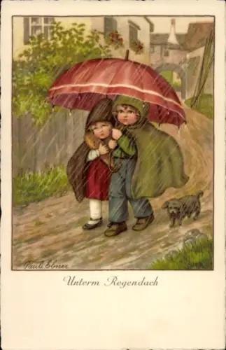 Künstler Ak Ebner, P., Unterm Regendach, Kinder unter einem Regenschirm, Hund