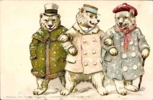 Künstler Ak Vermenschlichte Eisbären, Spaziergang