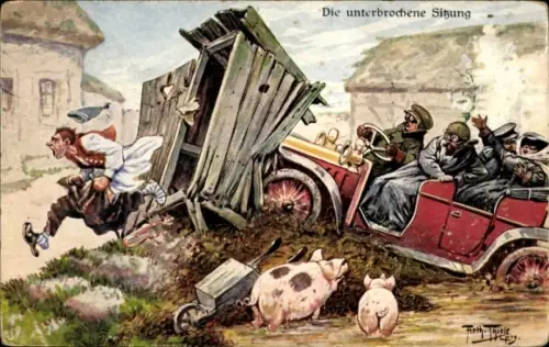 Künstler Ak Thiele, Arthur, Unterbrochene Sitzung, Auto fährt in Klohäuschen