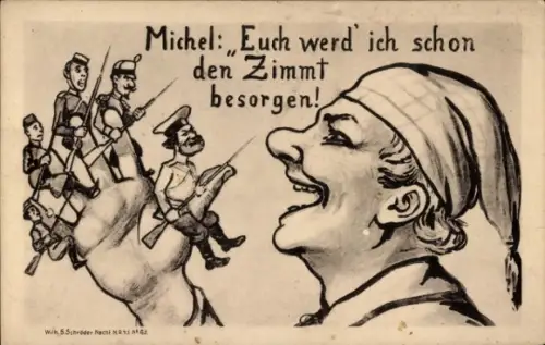 Künstler Ak Michel, Euch werd ich schon den Zimt besorgen, Russe, Franzose, Engländer, I. WK