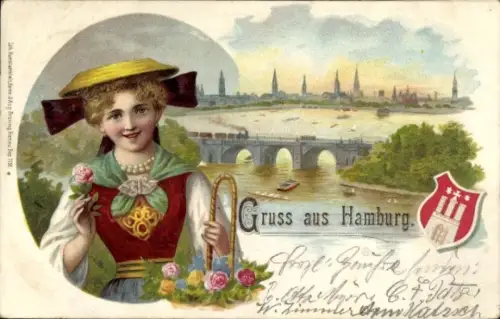 Litho Hamburg, Brücke, Dame in Tracht, Wappen