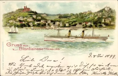 Litho Hamburg Altona Blankenese, Süllberg, Salondampfer auf der Elbe, Segelboot