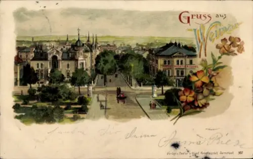 Litho Weimar in Thüringen, Stadtansicht, Blumen, Passanten