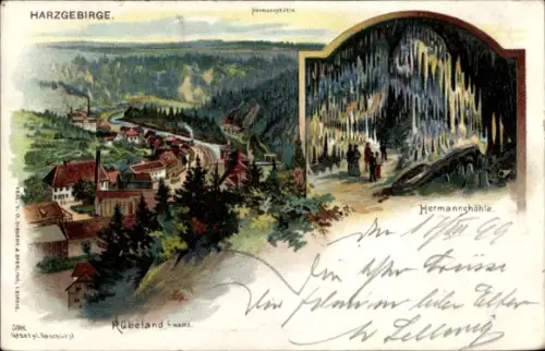 Litho Rübeland Oberharz am Brocken, Hermannshöhle, Innenansicht, Blick auf den Ort