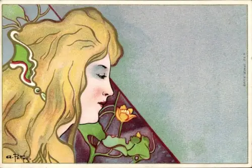 Jugendstil Künstler Ak Pellon, A., Frauenbildnis im Profil, Blume