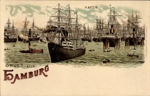 Litho Hamburg, Hafen, Dampfschiffe, Segelschiffe