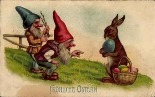 Ak Frohe Ostern, Osterhase mit Ostereiern, Zwerge