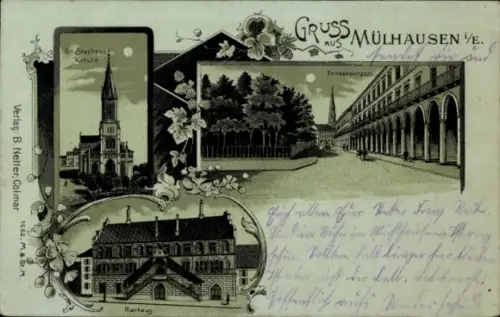 Mondschein Litho Mulhouse Mülhausen Elsass Haut Rhin, Rathaus, Sankt-Stephans-Kirche