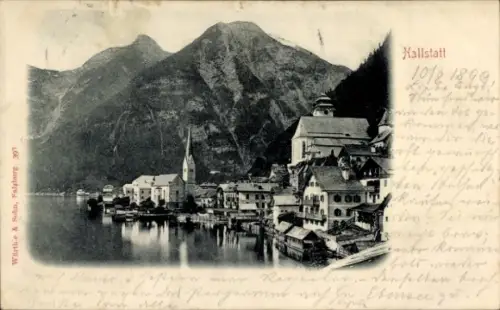 Ak Hallstatt im Salzkammergut Oberösterreich, Schwarz-Weiß-Bild von  Berge, Kirche, Häuser, Wasse