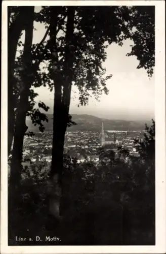 Ak Linz an der Donau Oberösterreich, Blick auf  Kirche, Bäume im Vordergrund, schwarz-weiß