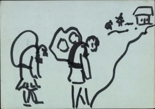 Handgemalt Ak Zwei Personen tragen Säcke, Weg zu einem Haus