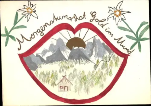Handgemalt Ak Morgenstund hat Gold im Mund, Sonne