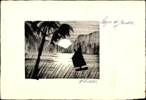 Handgemalt Ak Segelboot, Sonnenuntergang