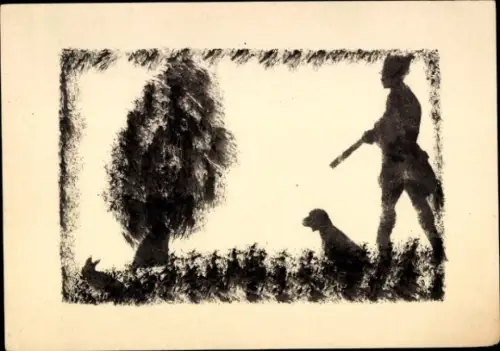 Handgemalt Ak Hasenjagd, Jäger mit Gewehr, Jagdhund