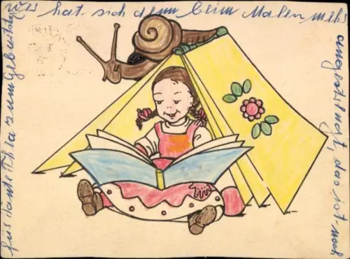 Handgemalt Ak Mädchen mit einem Buch, Schnecke, Karte zum Ausmalen