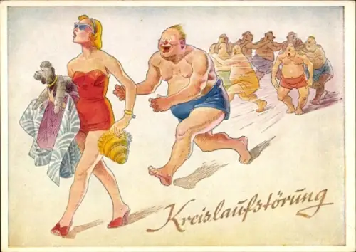 Künstler Ak Kreislaufstörung, Gruppe von Männern läuft einer Frau im Badeanzug hinterher, Humor