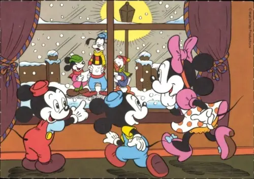 Künstler Ak Walt Disney, Mickey Mouse, Goofy, Minnie, Donald Duck, Weihnachten