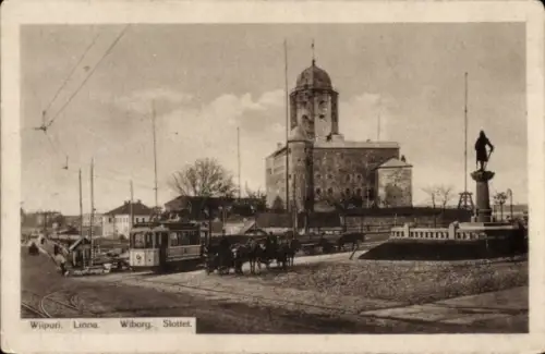Ak Wyborg Wiborg Viipuri Russland, Wiborg Schloss, Straßenbahn, Pferdewagen, Statue
