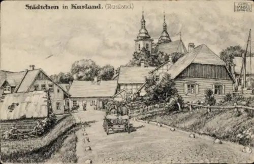 Künstler Ak Hänsel, Arno, Kurland Russland, Dorfstraße, Kirche