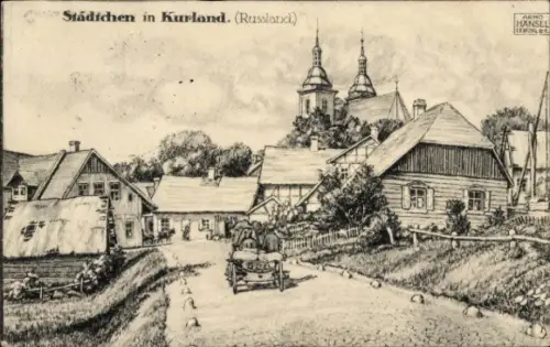 Künstler Ak Hänsel, Arno, Kurland Russland, Dorfstraße, Kirche
