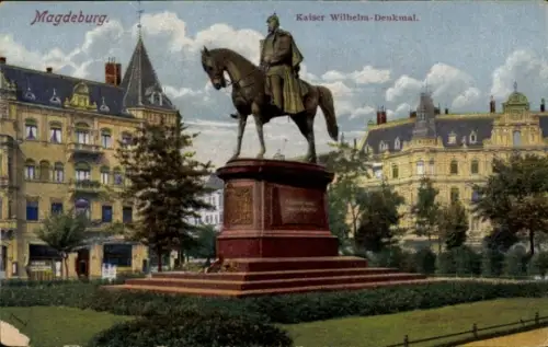 Ak Magdeburg an der Elbe, Reiterstatue, Kaiser Wilhelm-Denkmal,  Bäume, Gebäude