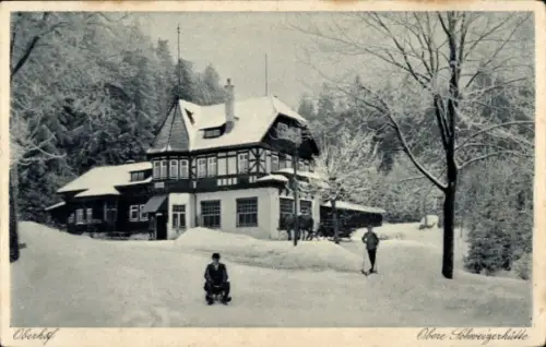 Ak Oberhof im Thüringer Wald, Schnee,  Obere Schweizerhütte, Winterlandschaft, Personen im Schnee