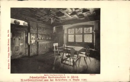 Ak Zürich Stadt Schweiz, Schweizerisches Landesmuseum, Renaissancezimmer, Holzvertäfelung, Tisch,