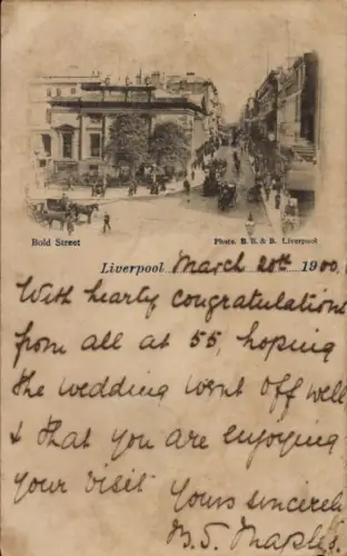Ak Liverpool Merseyside England, Bold Street,  , Hochzeitsglückwünsche, 1900