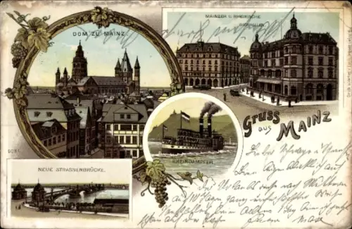 Mondschein Litho Mainz am Rhein, Dom, Bierhallen, Rheindampfer, Neue Straßenbrücke
