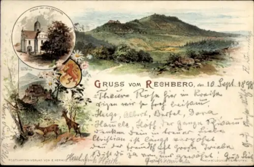 Wappen Litho Rechberg Württemberg, Kirche, Ruine, Landschaftspanorama