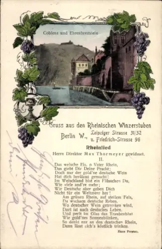 Ak Koblenz am Rhein, Ehrenbreitstein, Rheinlied, Rheinische Winzerstuben Berlin
