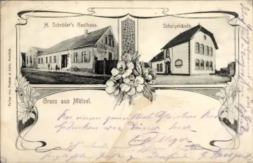Ak Mützel Genthin am Elbe Havel Kanal, H. Schröder's Gasthaus, Schulgebäude, Gruss aus  Blumenmot
