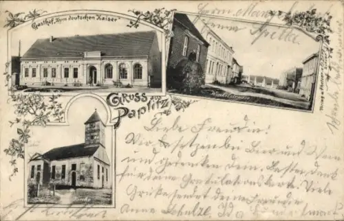 Ak Paplitz Genthin am Elbe Havel Kanal, Gasthof Zum deutschen Kaiser, Straße, Kirche, GRUSS aus P
