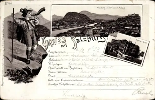 Litho Salzburg Stadt, Ort vom Elektrischen Aufzug gesehen, Hôtel d'Europe